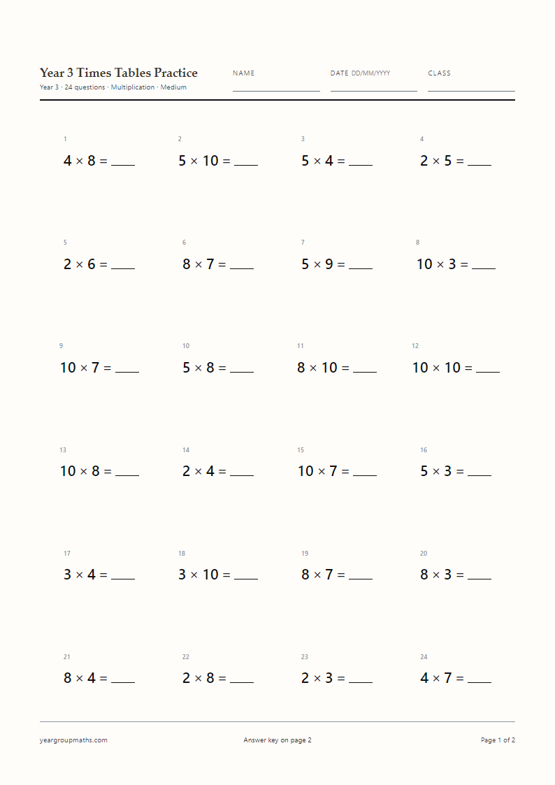 Printable Maths Worksheets for Years 1 to 6, A4, answers on page 2