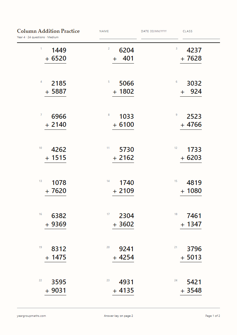 Column Addition Worksheets, A4, answers on page 2