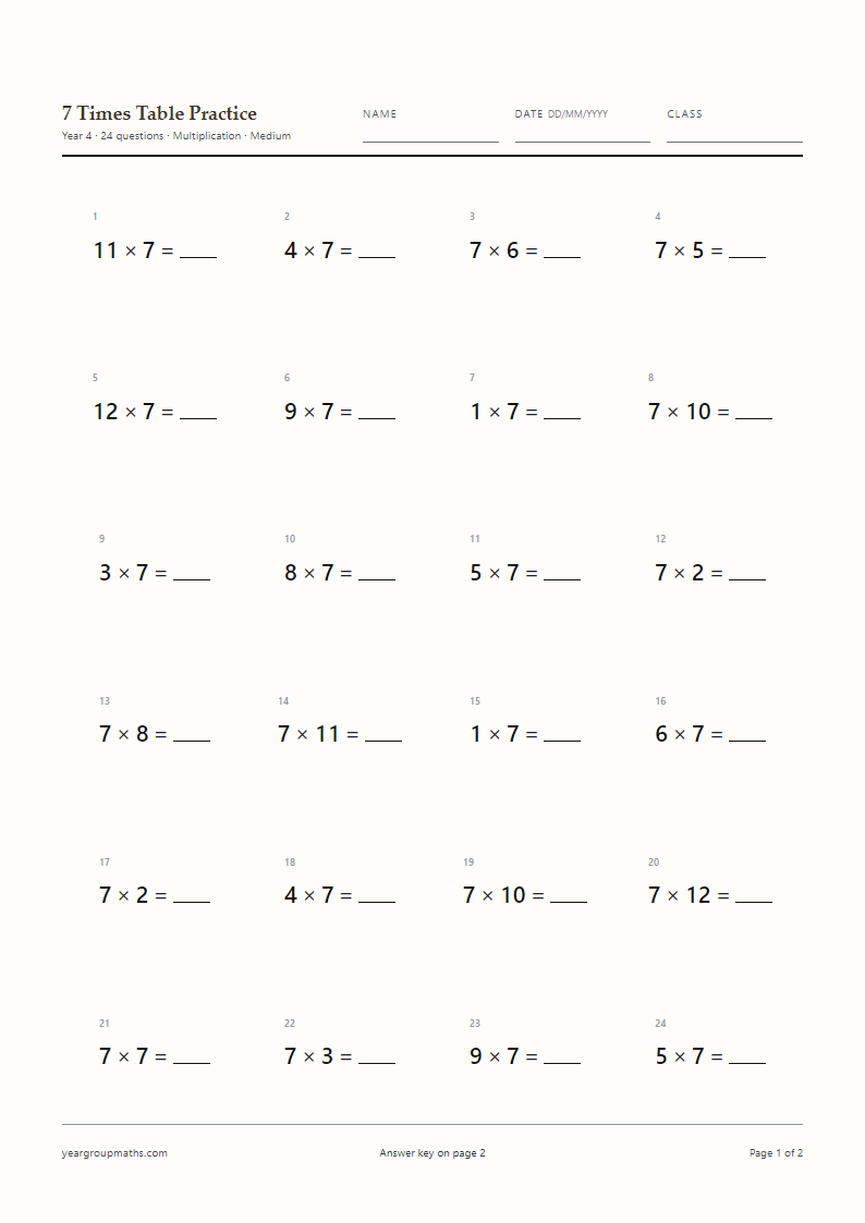 Times Tables Worksheets, A4, answers on page 2